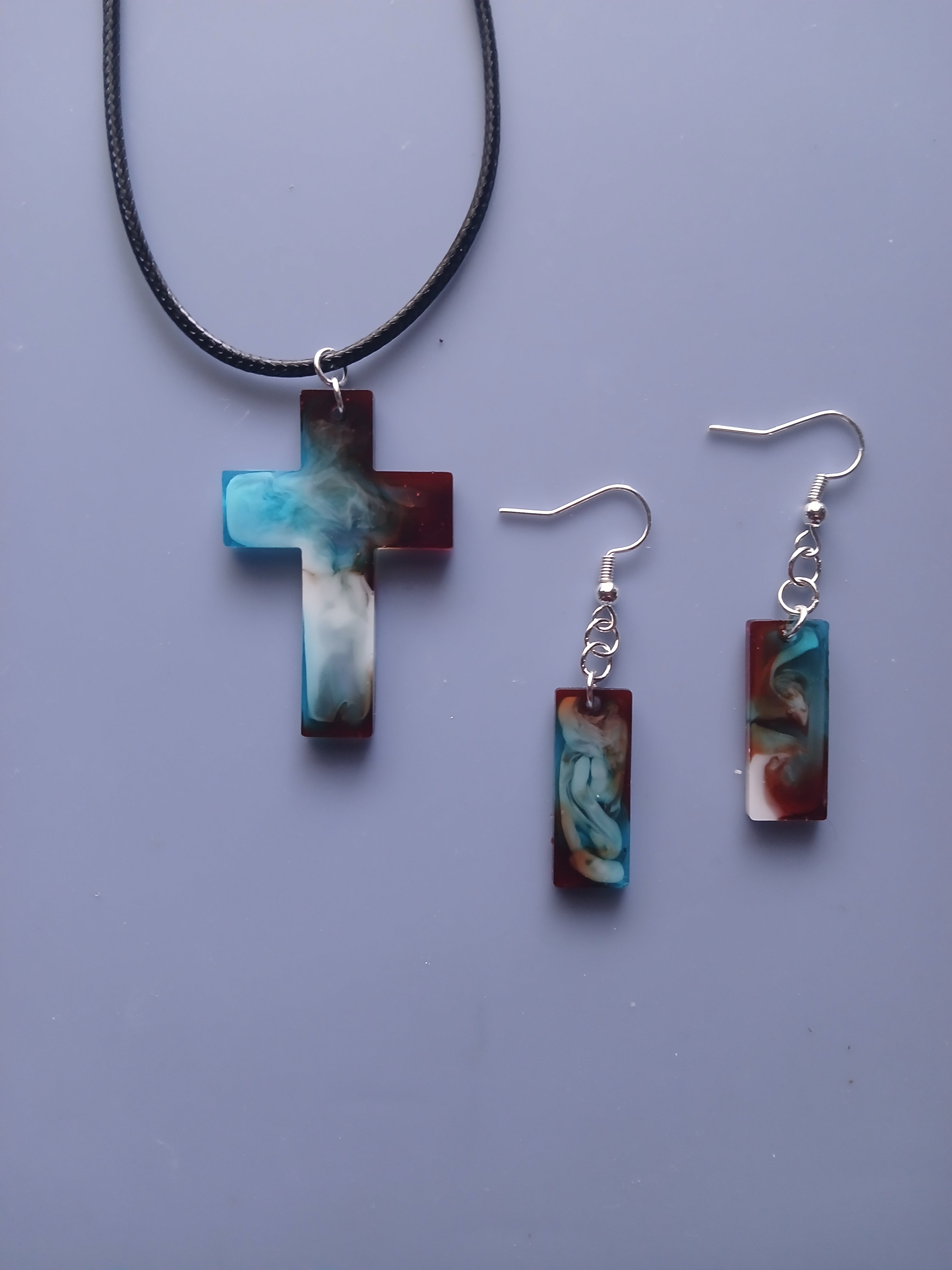 Ocean Mist Cross Pendant & Earrings Set - Handmade