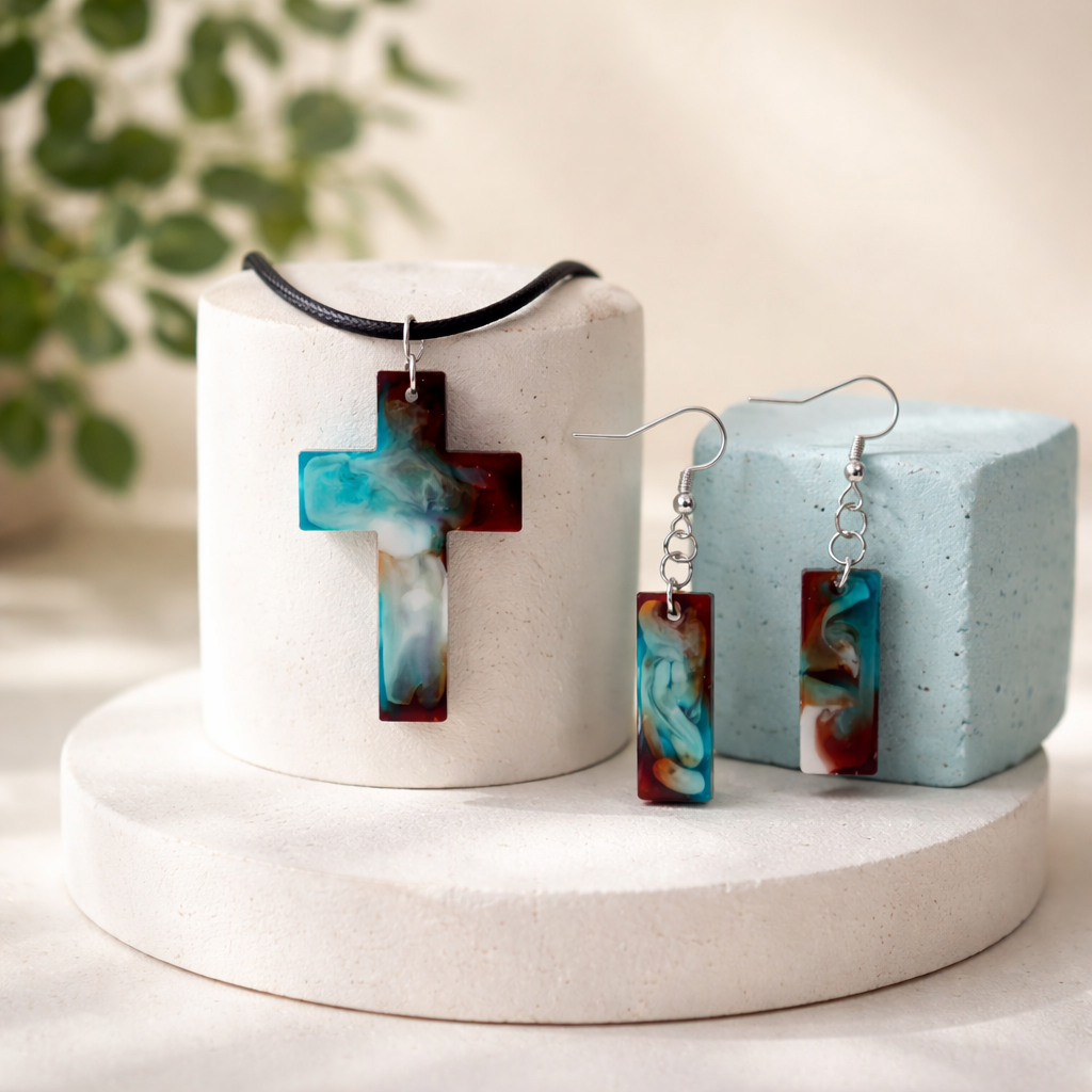Ocean Mist Cross Pendant & Earrings Set - Handmade