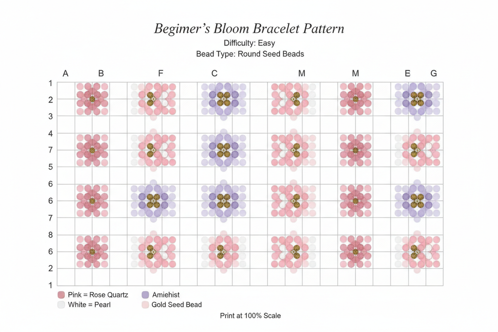 Beginner beaded bracelet pattern template with colorful bead grid diagram