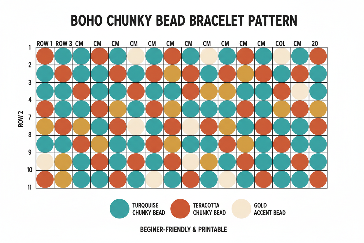 Boho Luxe chunky bead bracelet pattern grid diagram in turquoise, terracotta and gold