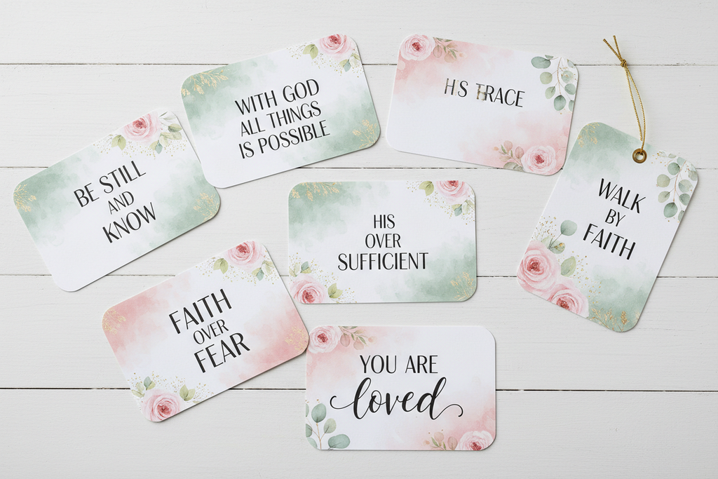 Set of printable Christian inspirational cards with Bible verses and watercolor floral designs