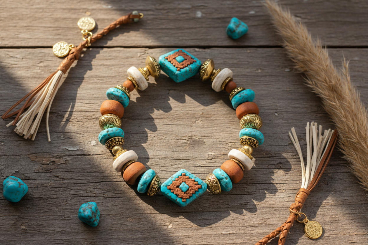 Finished Boho Luxe chunky beaded bracelet in turquoise, terracotta, cream and gold