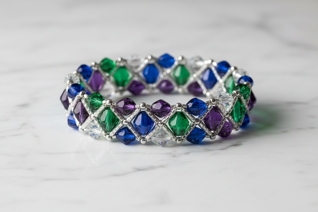 Finished Grace and Gems bracelet with amethyst, emerald, sapphire and crystal beads on marble