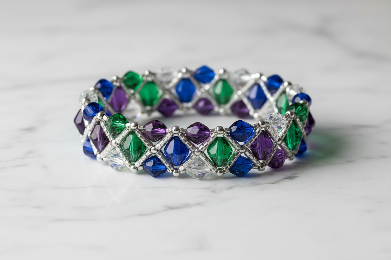 Finished Grace and Gems bracelet with amethyst, emerald, sapphire and crystal beads on marble