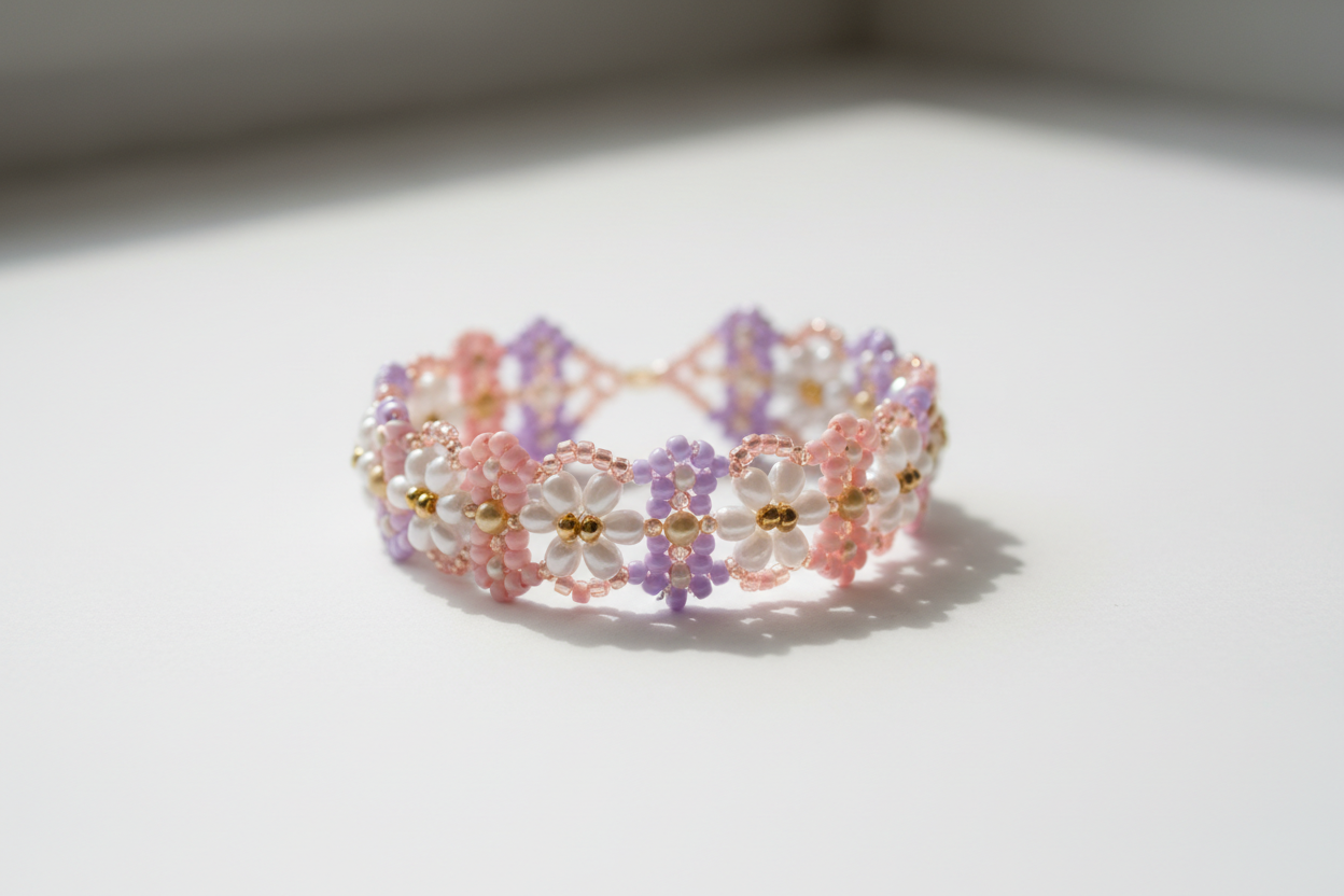 Finished beaded bracelet in pastel pink, lavender, white and gold beads
