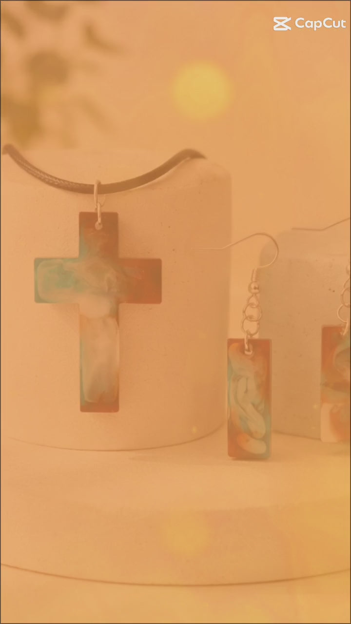 Ocean Mist Cross Pendant & Earrings Set - Handmade